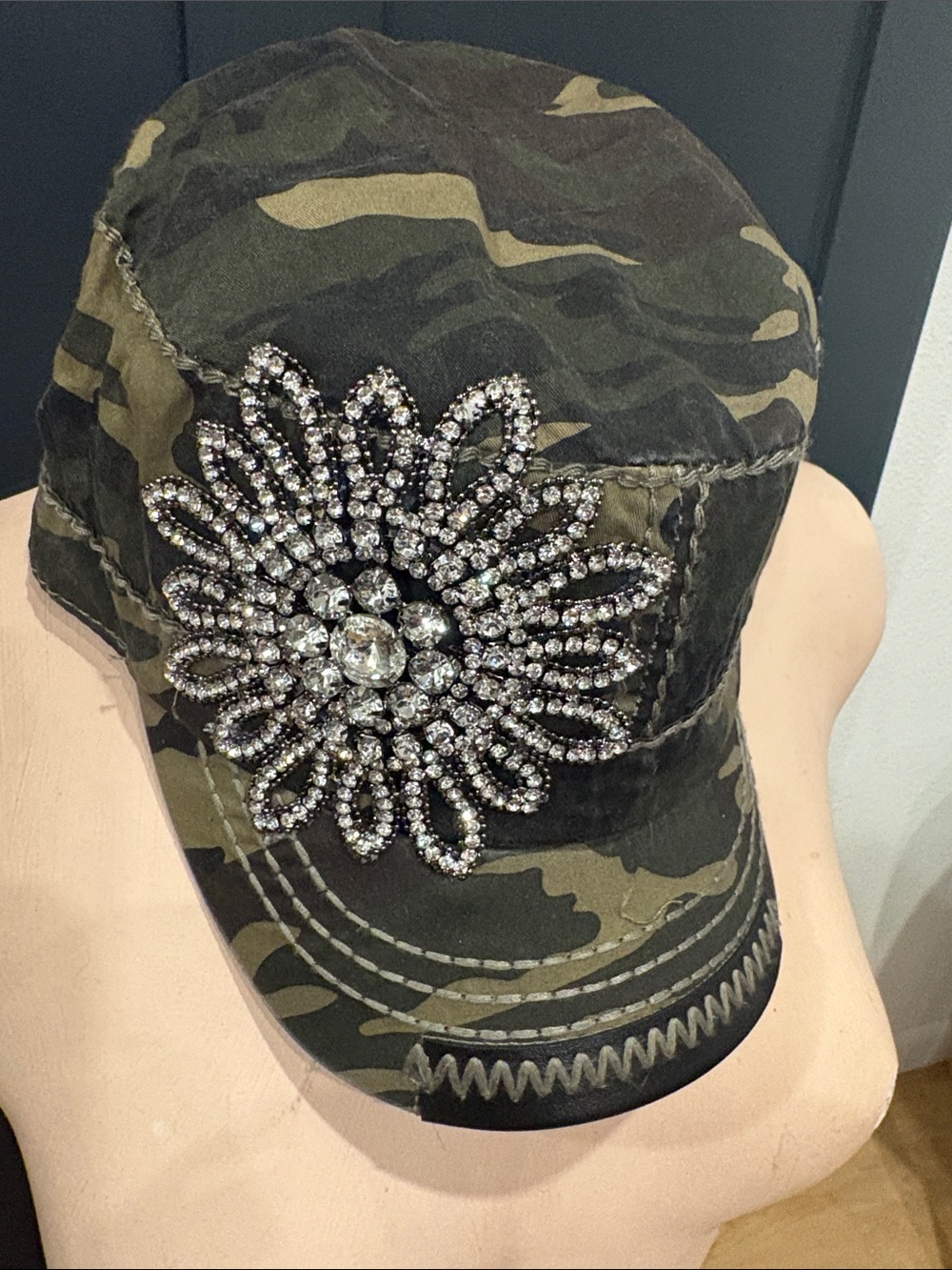 621. Olive Green Camouflage Cap with Crystal Flower Accent